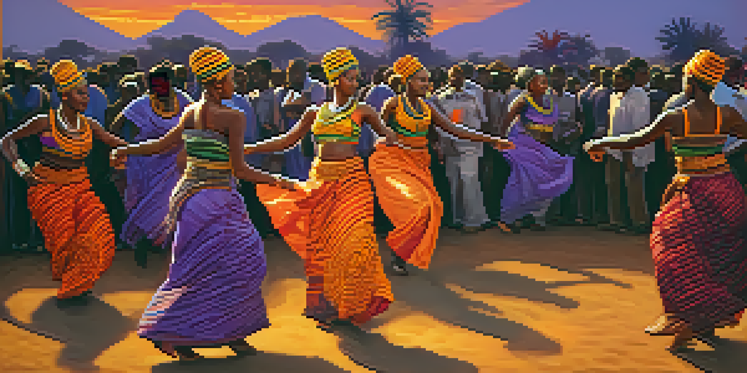 A lively outdoor African dance ceremony with dancers in traditional attire performing under a colorful sunset, surrounded by an engaged crowd.