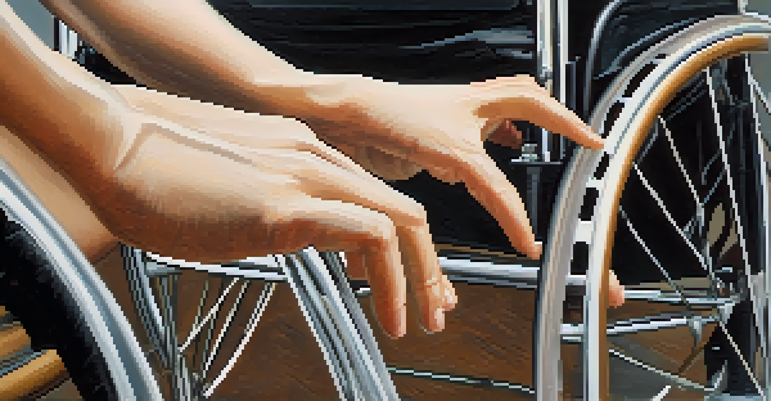A close-up image of a dancer's hands on a wheelchair, emphasizing the intricate movements and textures during an adaptive dance routine.