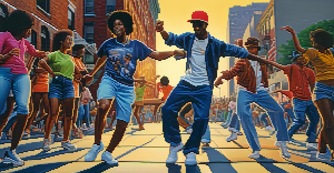A lively street scene with dancers performing hip hop on a graffiti-covered sidewalk in the Bronx, with a sunset in the background.