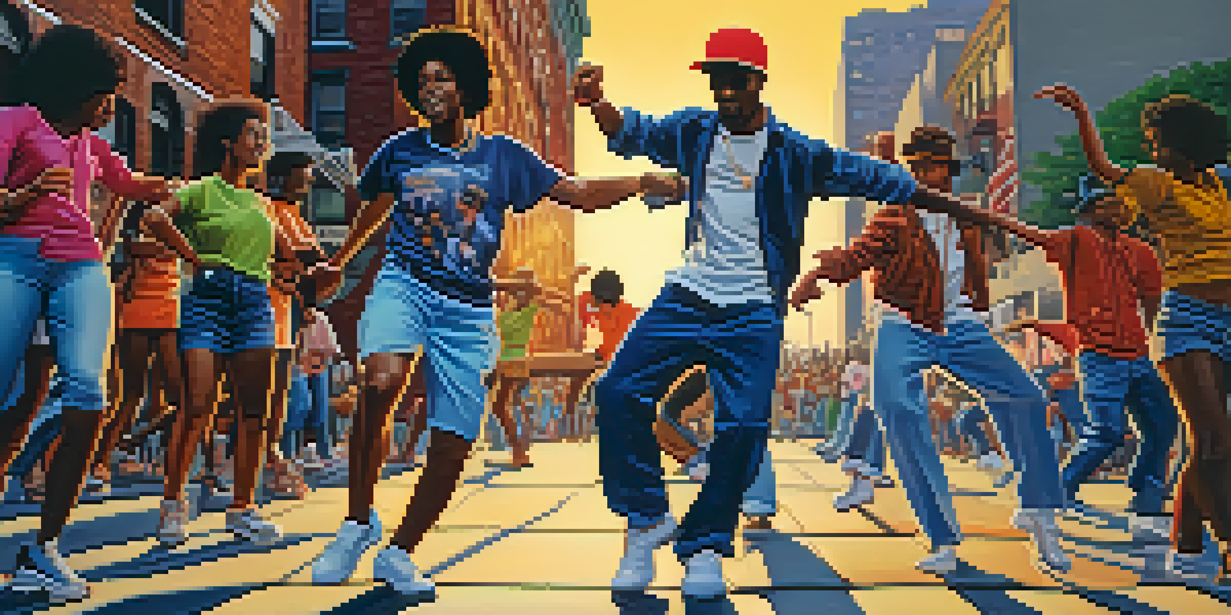 A lively street scene with dancers performing hip hop on a graffiti-covered sidewalk in the Bronx, with a sunset in the background.
