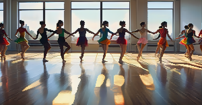 A lively dance studio with dancers collaborating using technology, featuring motion capture visuals on a screen, warm natural light, and a polished wooden floor.