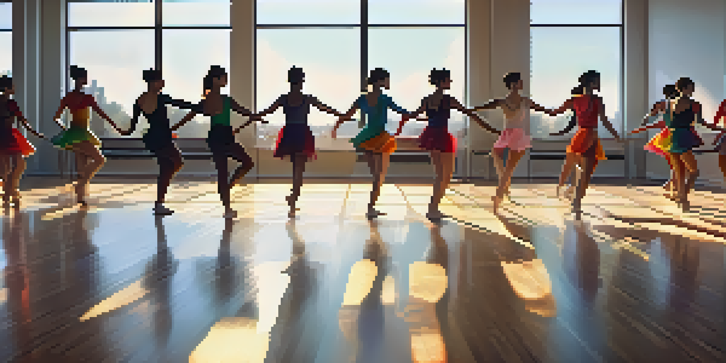 A lively dance studio with dancers collaborating using technology, featuring motion capture visuals on a screen, warm natural light, and a polished wooden floor.