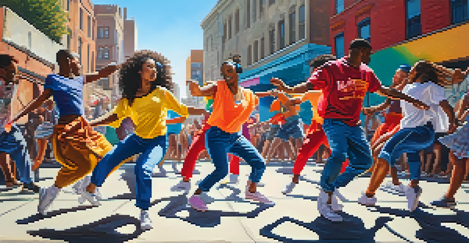 A diverse group of street dancers displaying vibrant moves in an urban setting with graffiti art in the background.