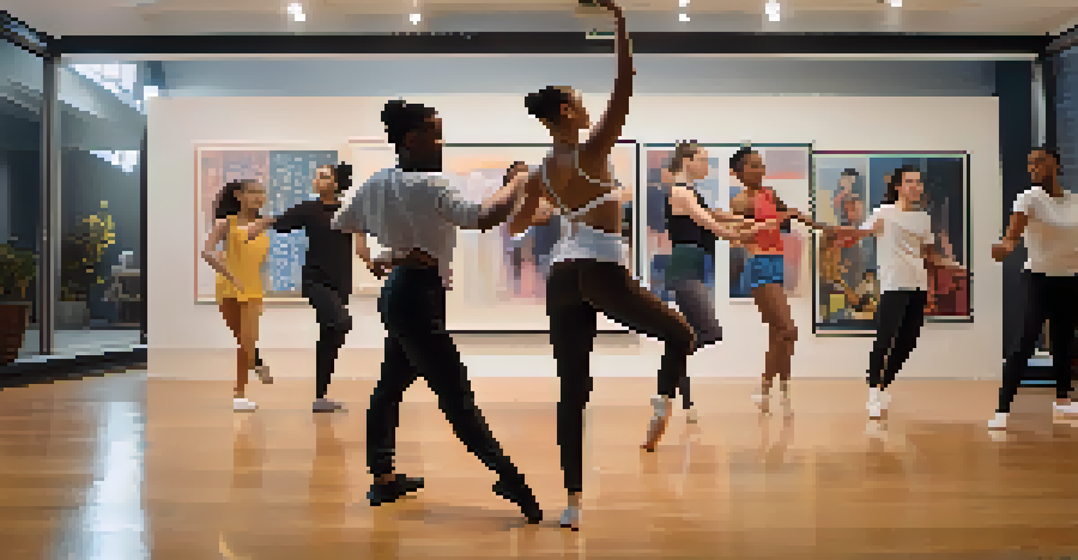 A divided screen showing a virtual dance showcase with dancers in their homes, performing various styles, surrounded by bright lights and digital applause.
