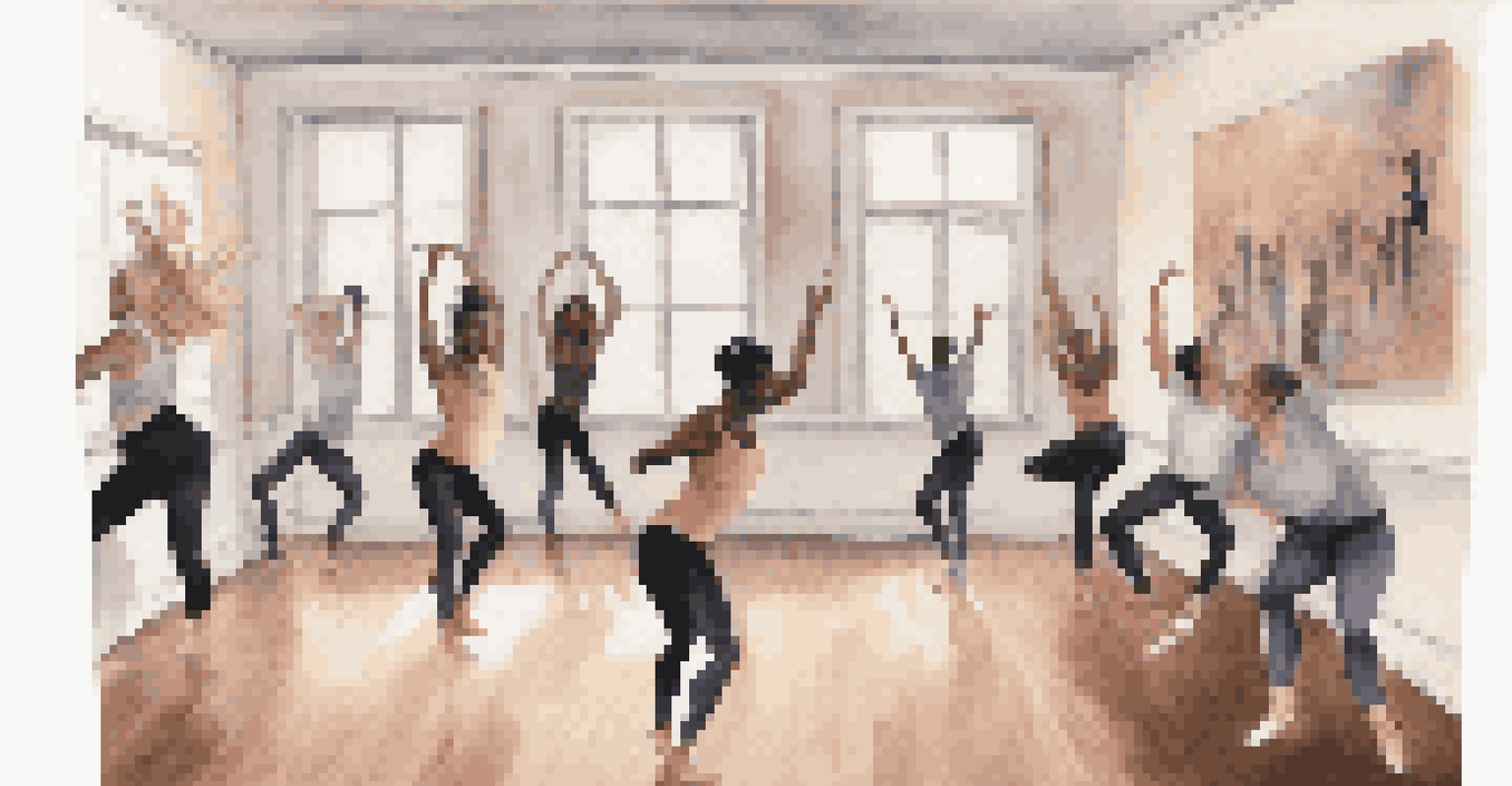 A split image of a dance instructor leading an online class and students participating from their homes.