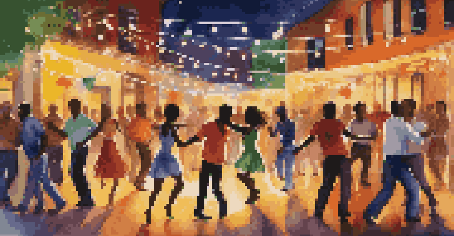 A couple dancing salsa under colorful lights in an urban setting with people in the background.