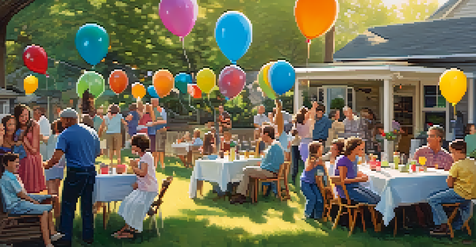 Family members of all ages dancing together in a backyard filled with balloons and picnic tables, capturing joyful moments.