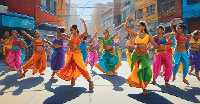 A group of diverse dancers performing a fusion of hip-hop and traditional Indian dance in an urban setting, with colorful costumes and a graffiti wall in the background.
