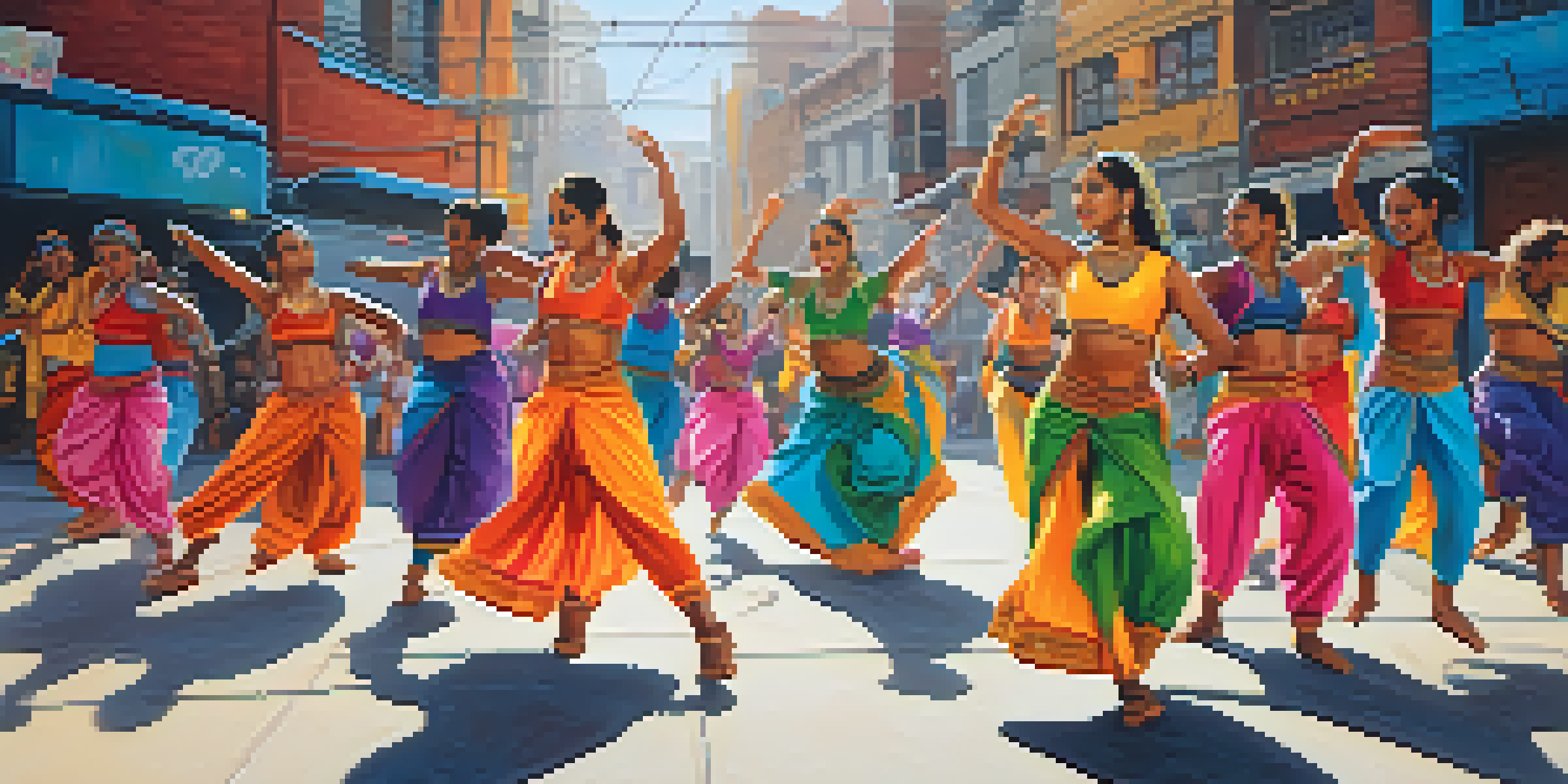 A group of diverse dancers performing a fusion of hip-hop and traditional Indian dance in an urban setting, with colorful costumes and a graffiti wall in the background.