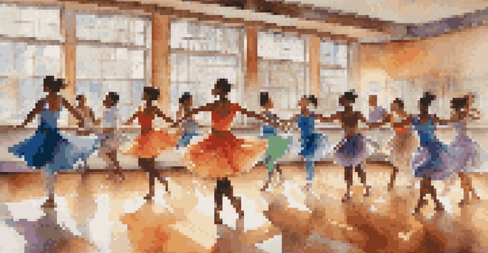 A lively dance class with diverse dancers performing together, showcasing joy and movement in a bright studio.