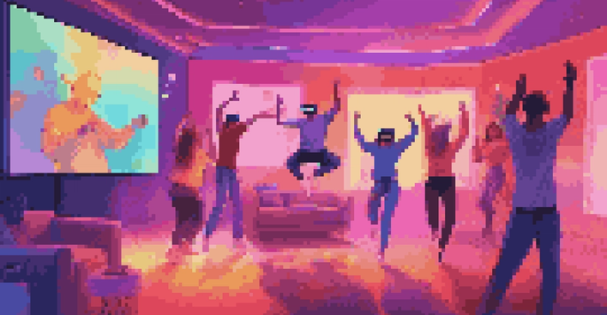 A person dancing in a virtual reality setup with friends cheering in a colorful living room.