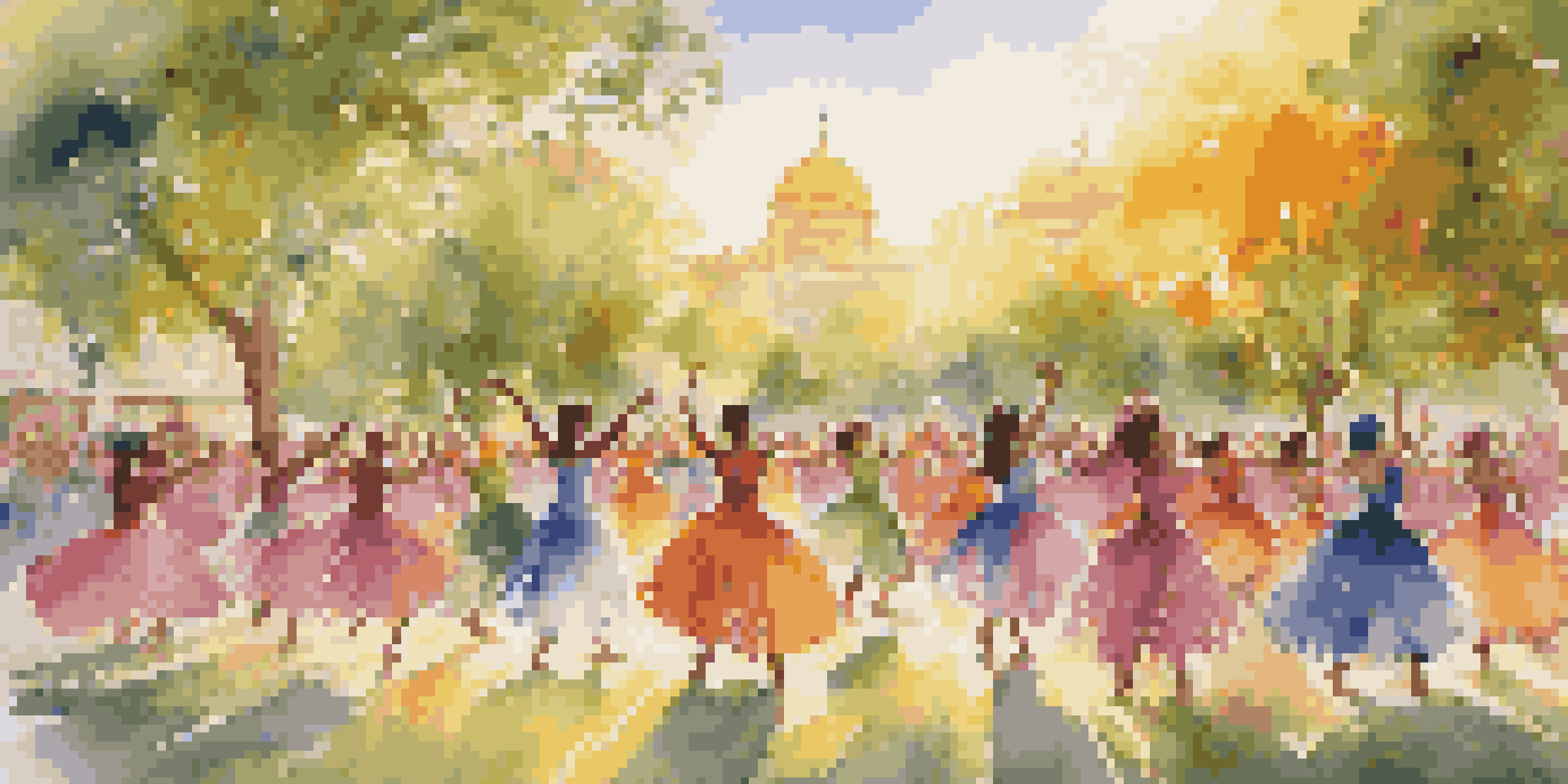 Outdoor dance performance in a park with dancers in colorful costumes and a cheering audience, illuminated by a golden sunset.