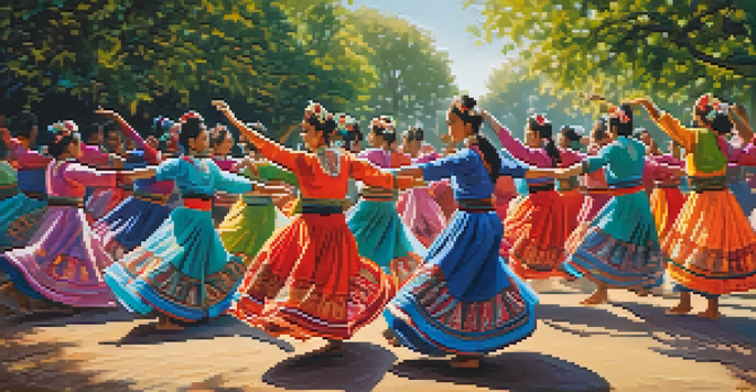 A diverse group of dancers in traditional costumes performing a lively folklore dance in a sunny outdoor location, surrounded by trees and festive decorations.
