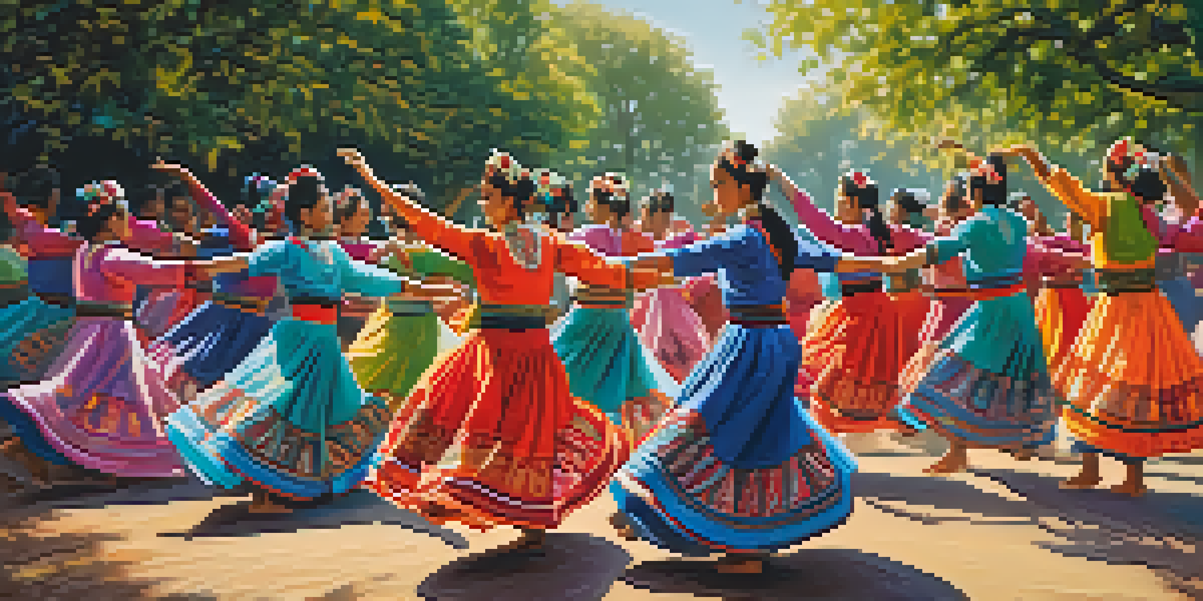 A diverse group of dancers in traditional costumes performing a lively folklore dance in a sunny outdoor location, surrounded by trees and festive decorations.