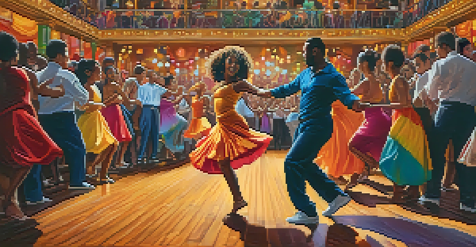 A lively dance performance with a salsa dancer in a colorful dress and a hip-hop dancer, surrounded by an enthusiastic audience in a grand theater.