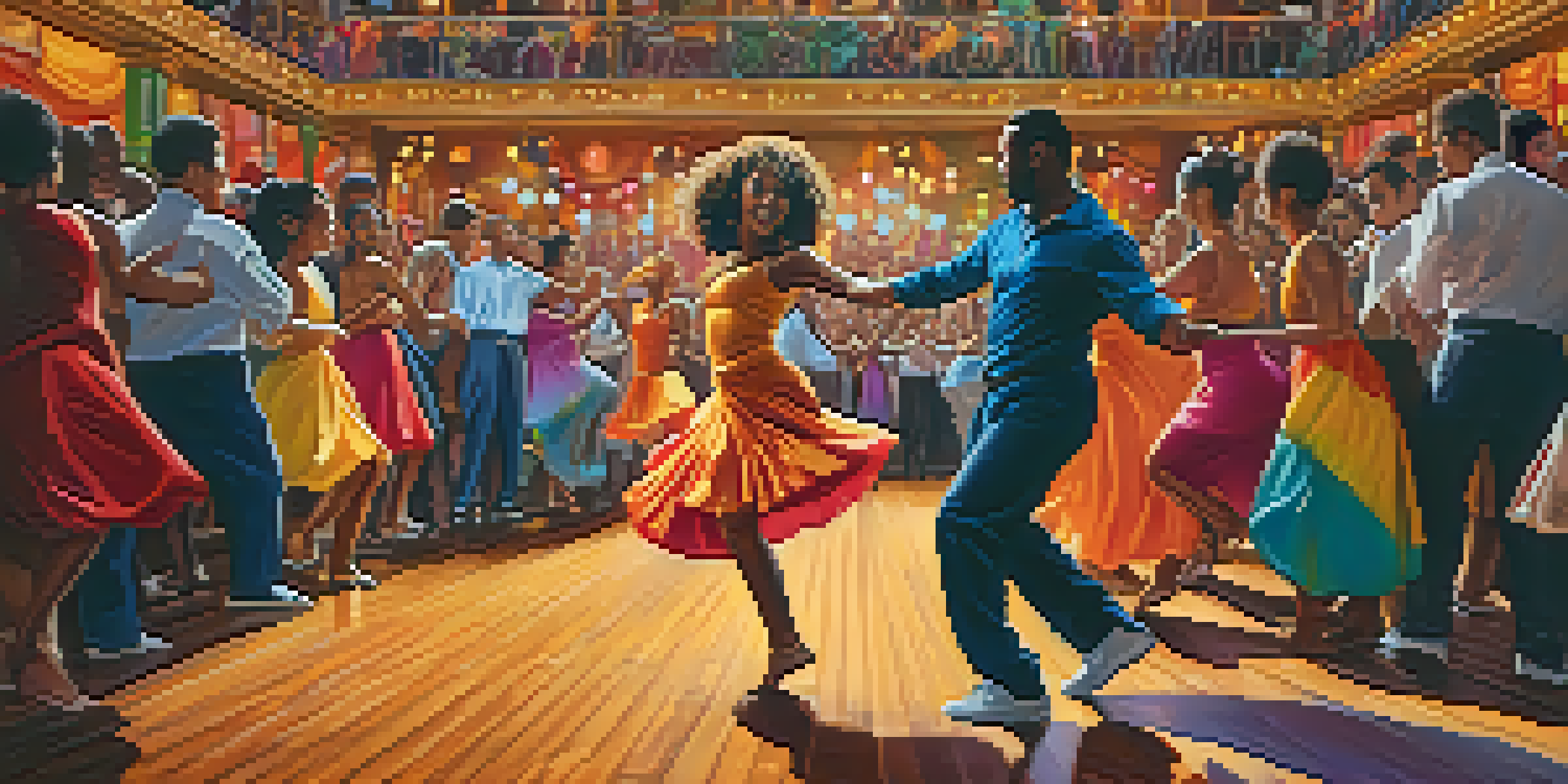 A lively dance performance with a salsa dancer in a colorful dress and a hip-hop dancer, surrounded by an enthusiastic audience in a grand theater.
