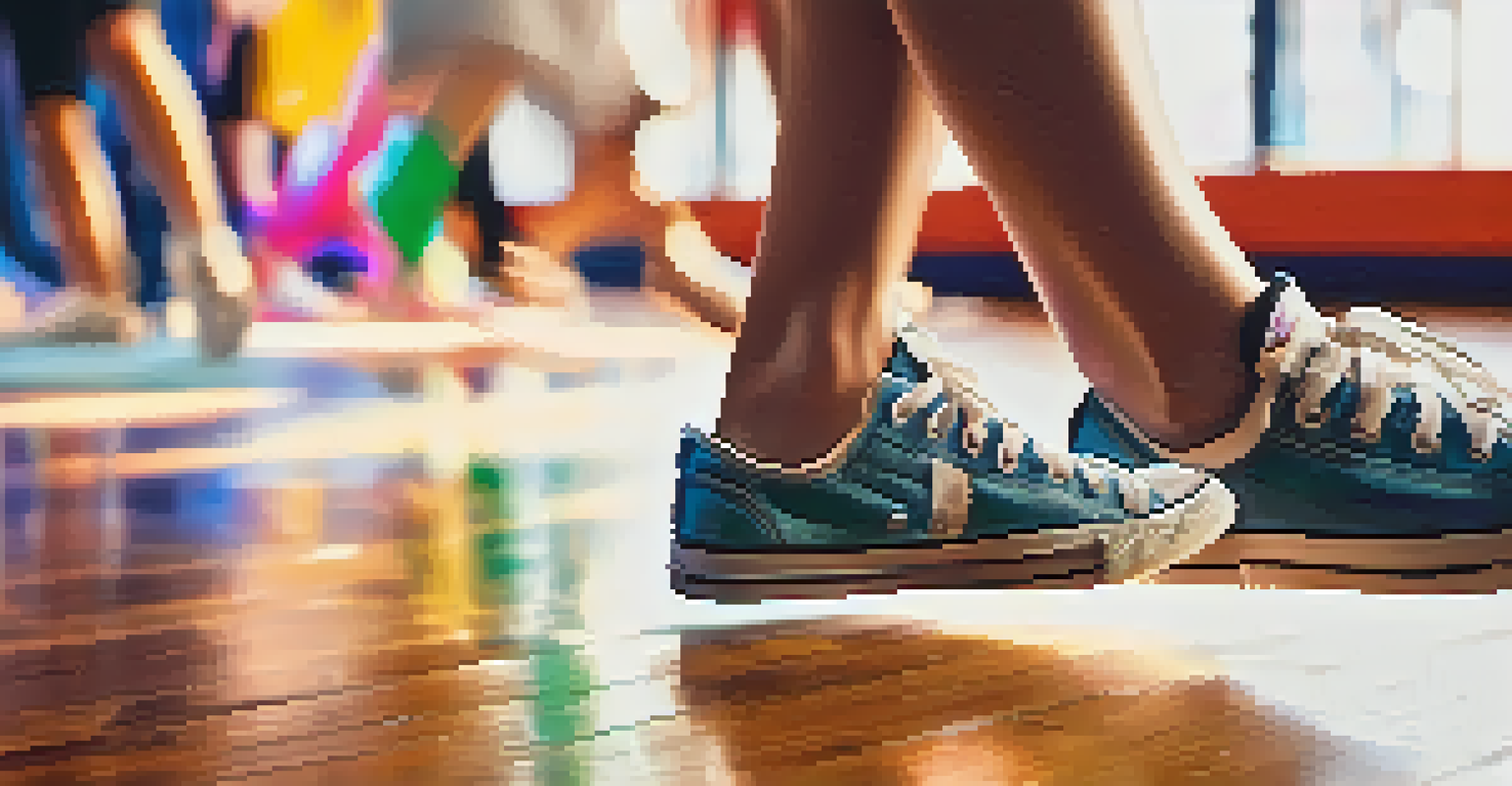 A close-up of a dancer's feet in colorful sneakers dancing on a wooden floor, surrounded by blurred images of other participants in a lively workshop.