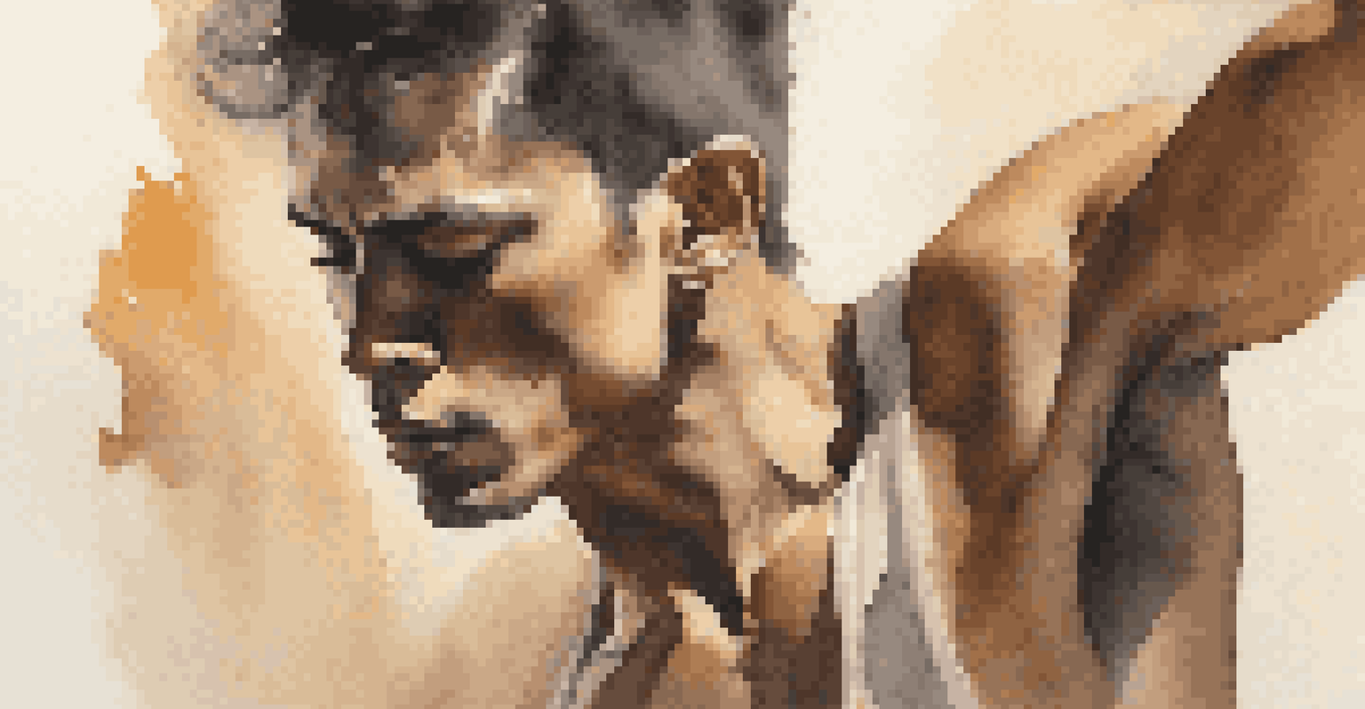 A male dancer in a close-up, expressing emotions through contemporary dance, with warm lighting in a blurred background.