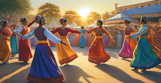 A group of dancers in traditional costumes performing at an outdoor festival, surrounded by a lively crowd under a sunset sky.