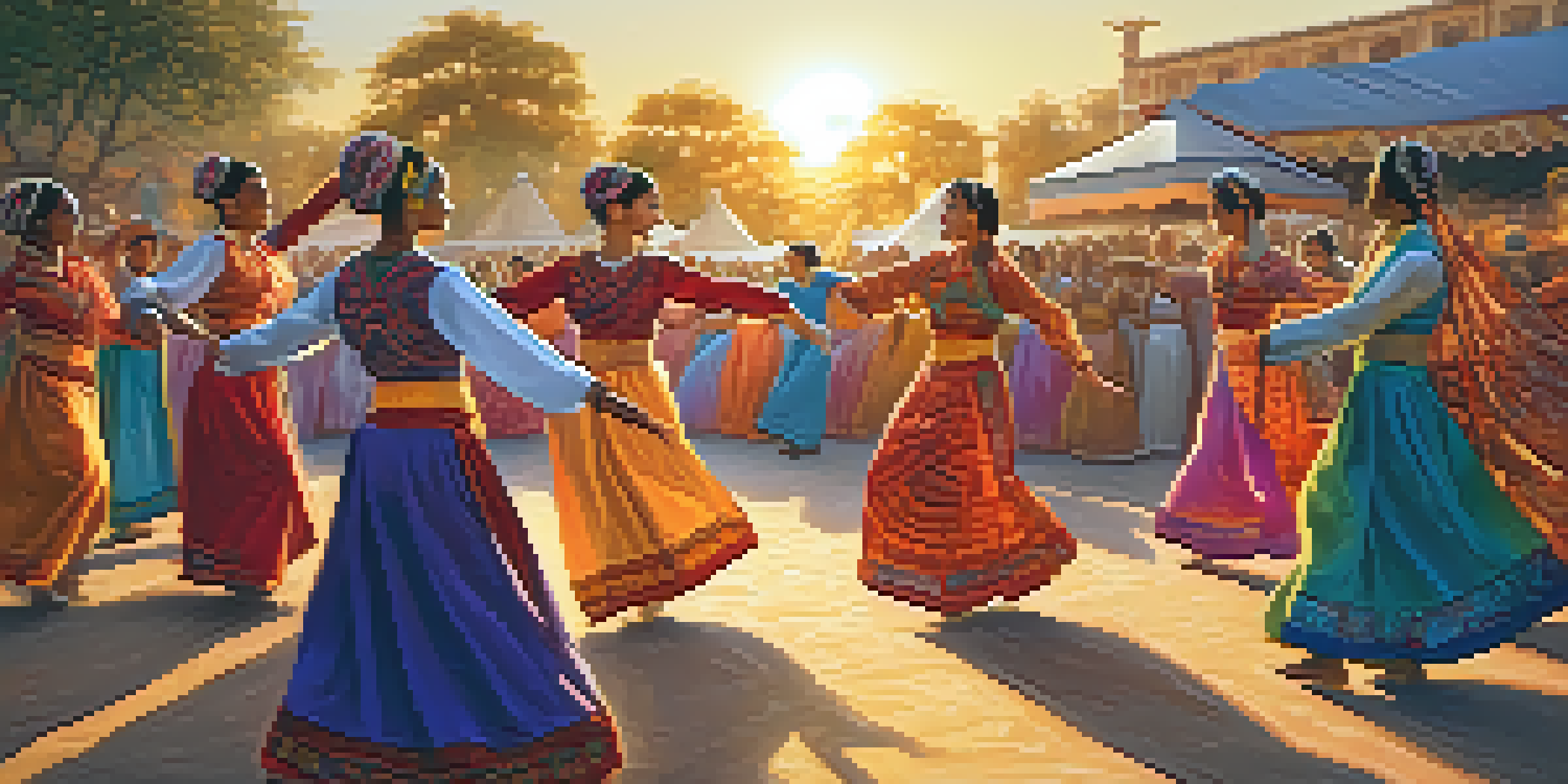 A group of dancers in traditional costumes performing at an outdoor festival, surrounded by a lively crowd under a sunset sky.