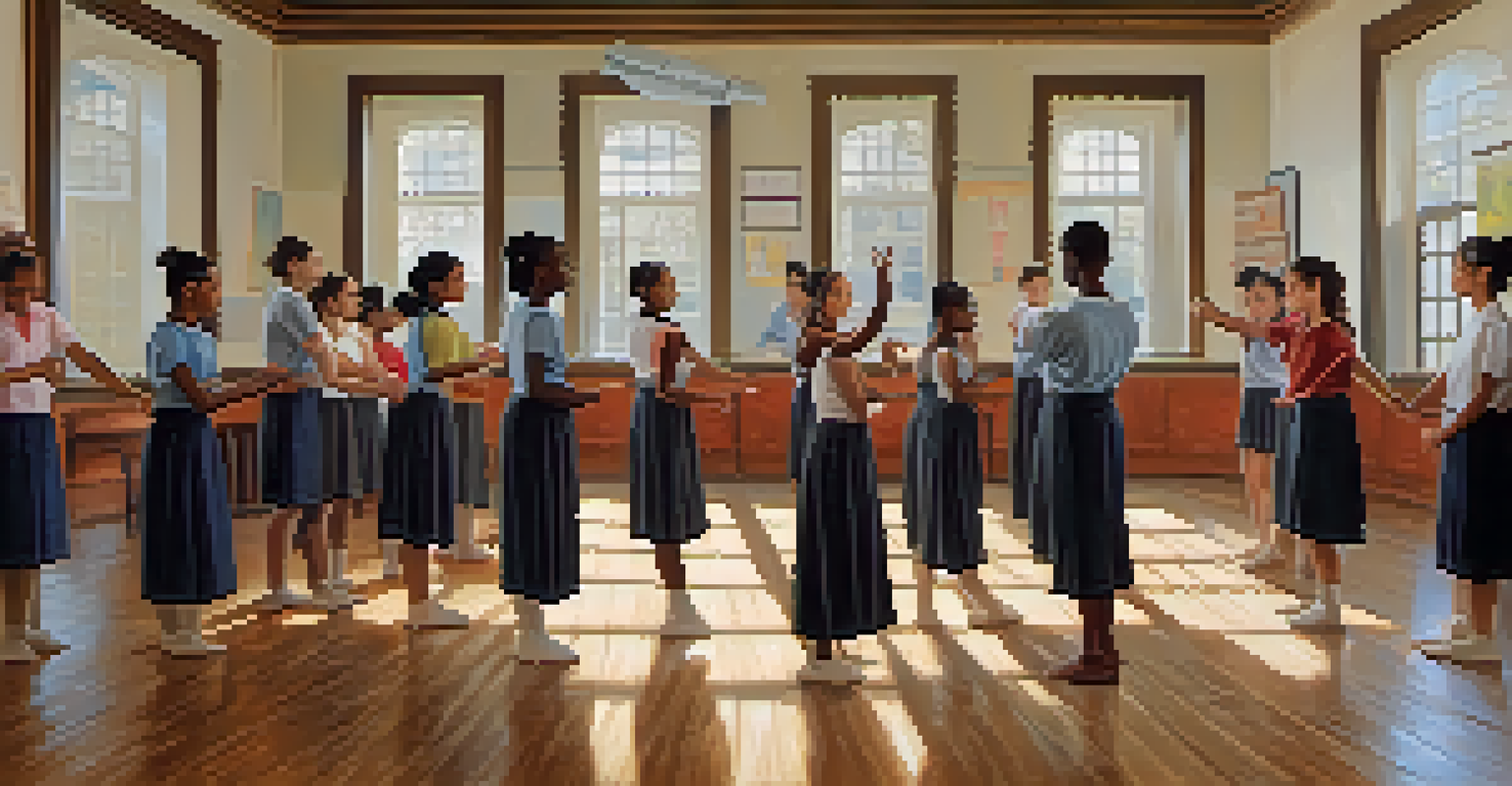 An educator demonstrating a dance move in a colorful classroom, with diverse students observing and cultural artifacts on the walls.
