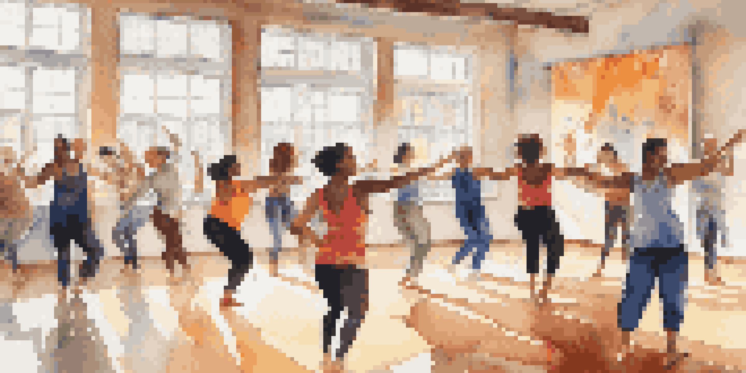 A lively dance workshop with participants from diverse backgrounds in a bright studio, showcasing joyful dance movements and colorful decorations.