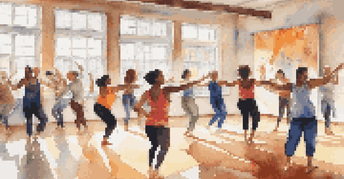 A lively dance workshop with participants from diverse backgrounds in a bright studio, showcasing joyful dance movements and colorful decorations.