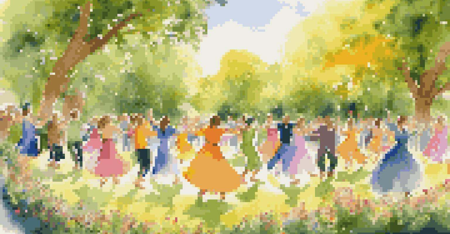 Participants dancing joyfully in a circle at an outdoor dance therapy session in a green park.