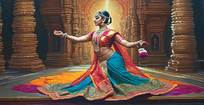 A Bharatanatyam dancer in traditional attire performing gracefully on stage with vibrant floral decorations.