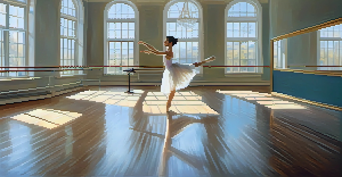 A ballerina practicing in a sunlit dance studio, surrounded by mirrors and inspirational quotes.