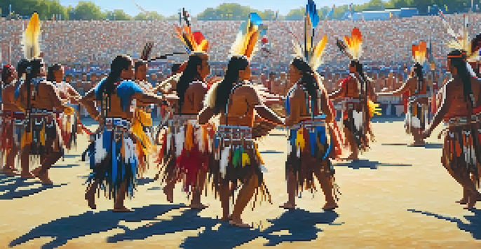 A lively powwow gathering with Native American dancers in colorful traditional attire, surrounded by spectators and a drum circle.