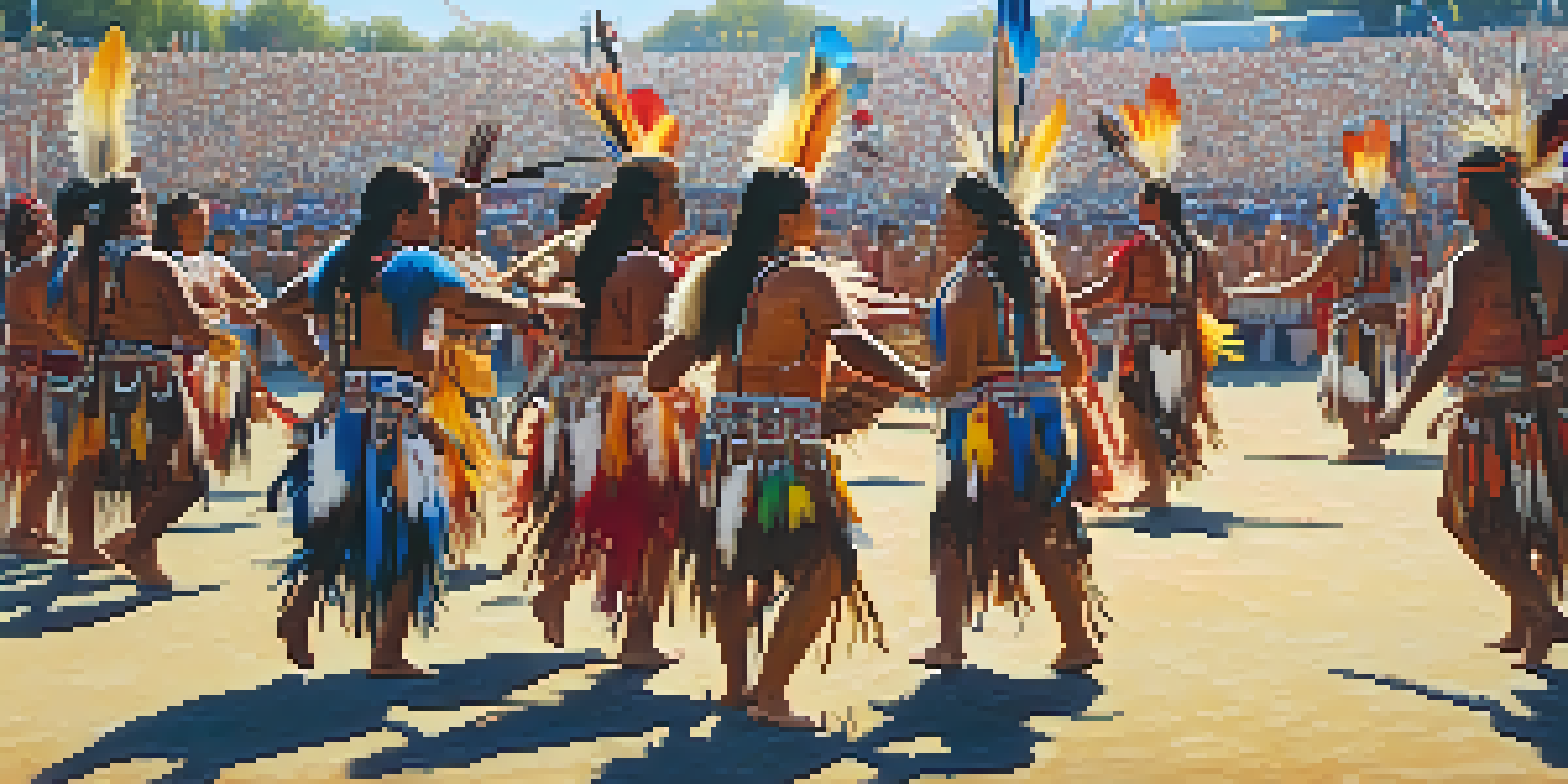 A lively powwow gathering with Native American dancers in colorful traditional attire, surrounded by spectators and a drum circle.