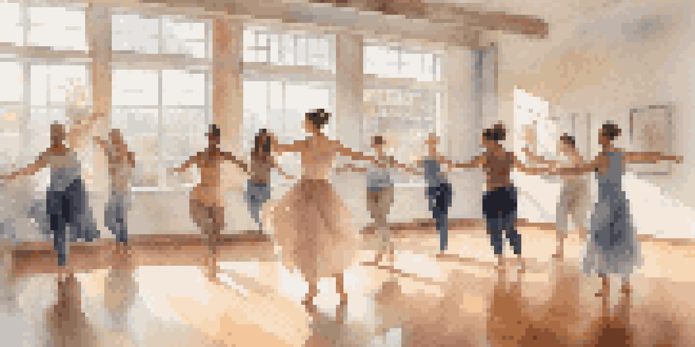 A dance therapy session in a bright studio with diverse participants expressing emotions through movement, surrounded by pastel colors and natural light.