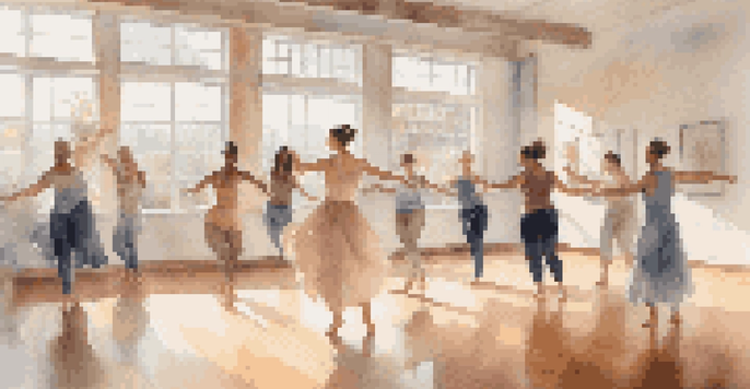 A dance therapy session in a bright studio with diverse participants expressing emotions through movement, surrounded by pastel colors and natural light.