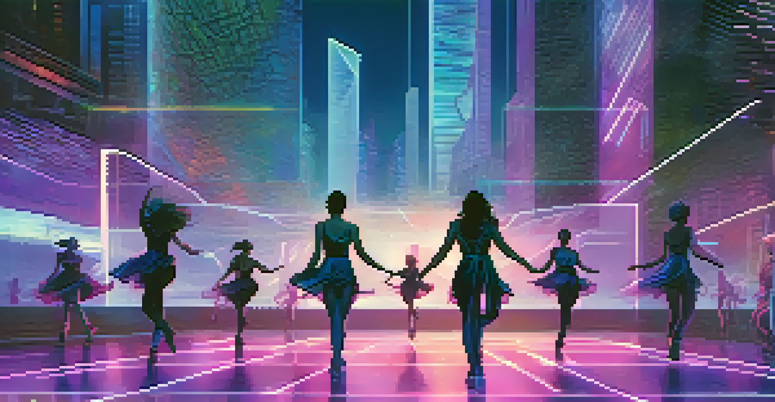 An artistic representation of blockchain in dance, with dancers in sync connected by glowing lines against a futuristic cityscape.