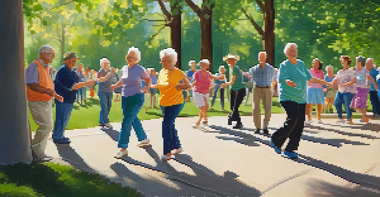 A group of older adults participating in a line dance workshop outdoors in a sunny park, surrounded by greenery and smiles.