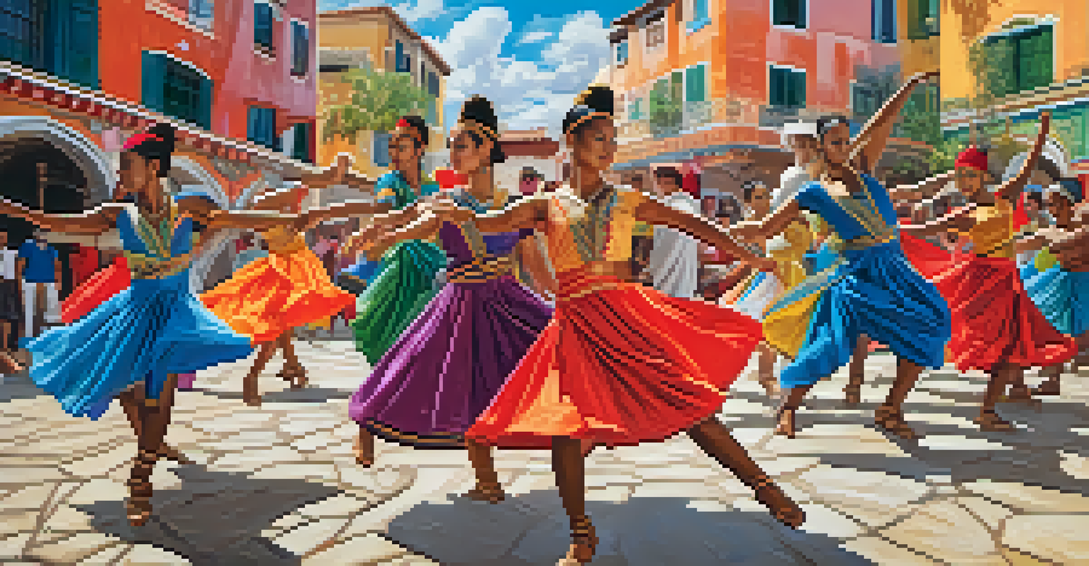 A vibrant digital collage of dancers from various cultures performing traditional dances in different settings, highlighting the diversity and richness of cultural heritage.