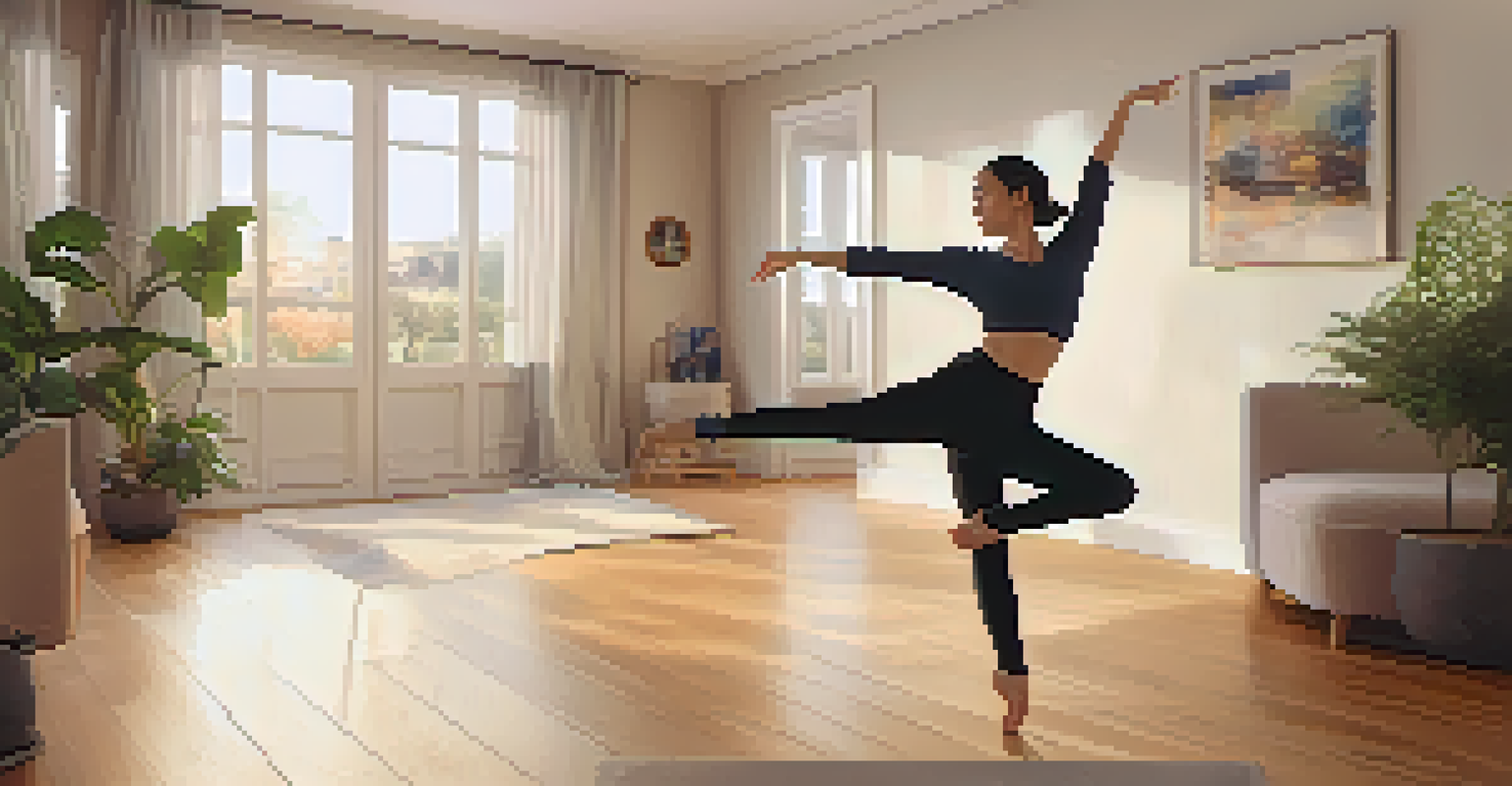 An individual dancing alone in a cozy living room, surrounded by plants and artwork, creating a warm and inviting atmosphere.