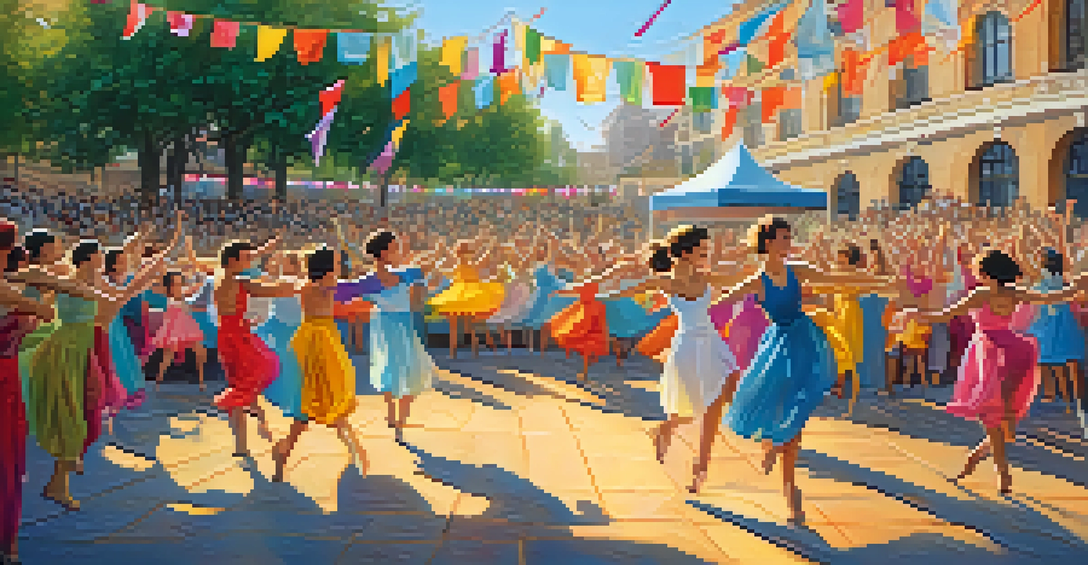 An outdoor dance competition with dancers performing on stage and an engaged audience, all under warm sunlight.