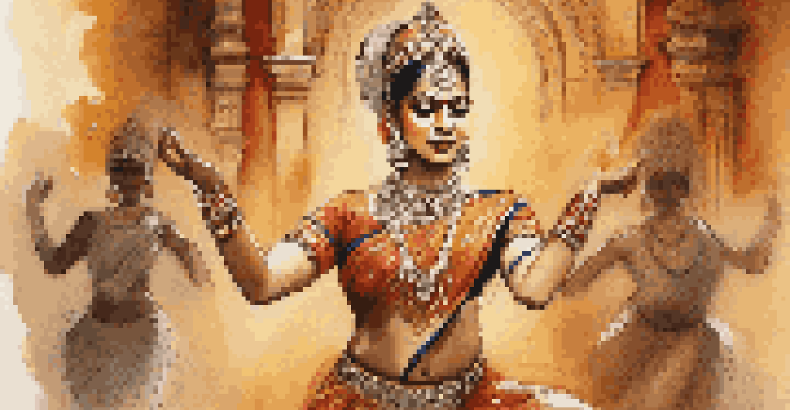 An Indian classical dancer performing Bharatanatyam on stage, showcasing intricate gestures and rich costumes.
