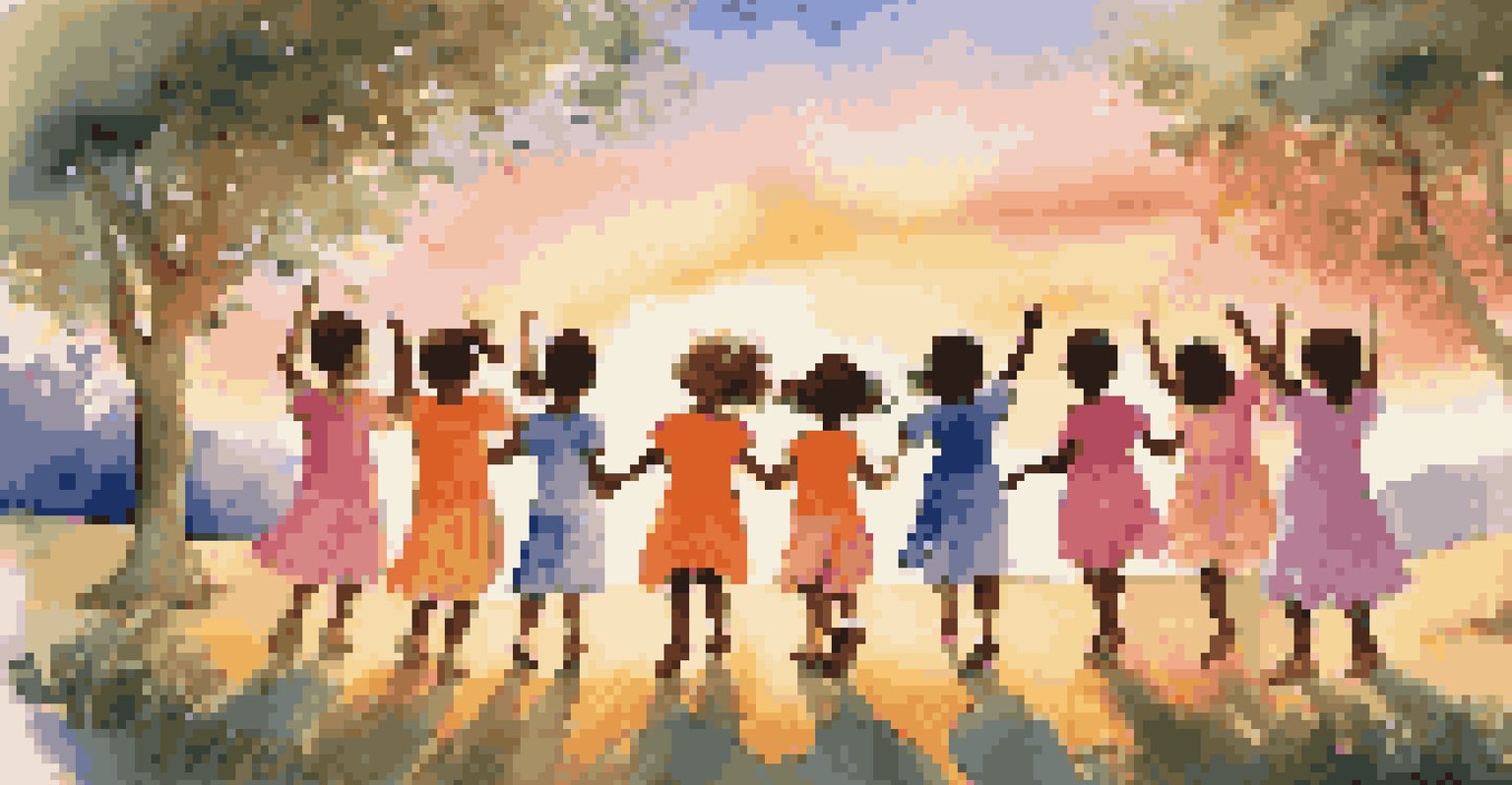 Children dancing in a circle outdoors at sunset, surrounded by nature, showcasing friendship and joy through movement.