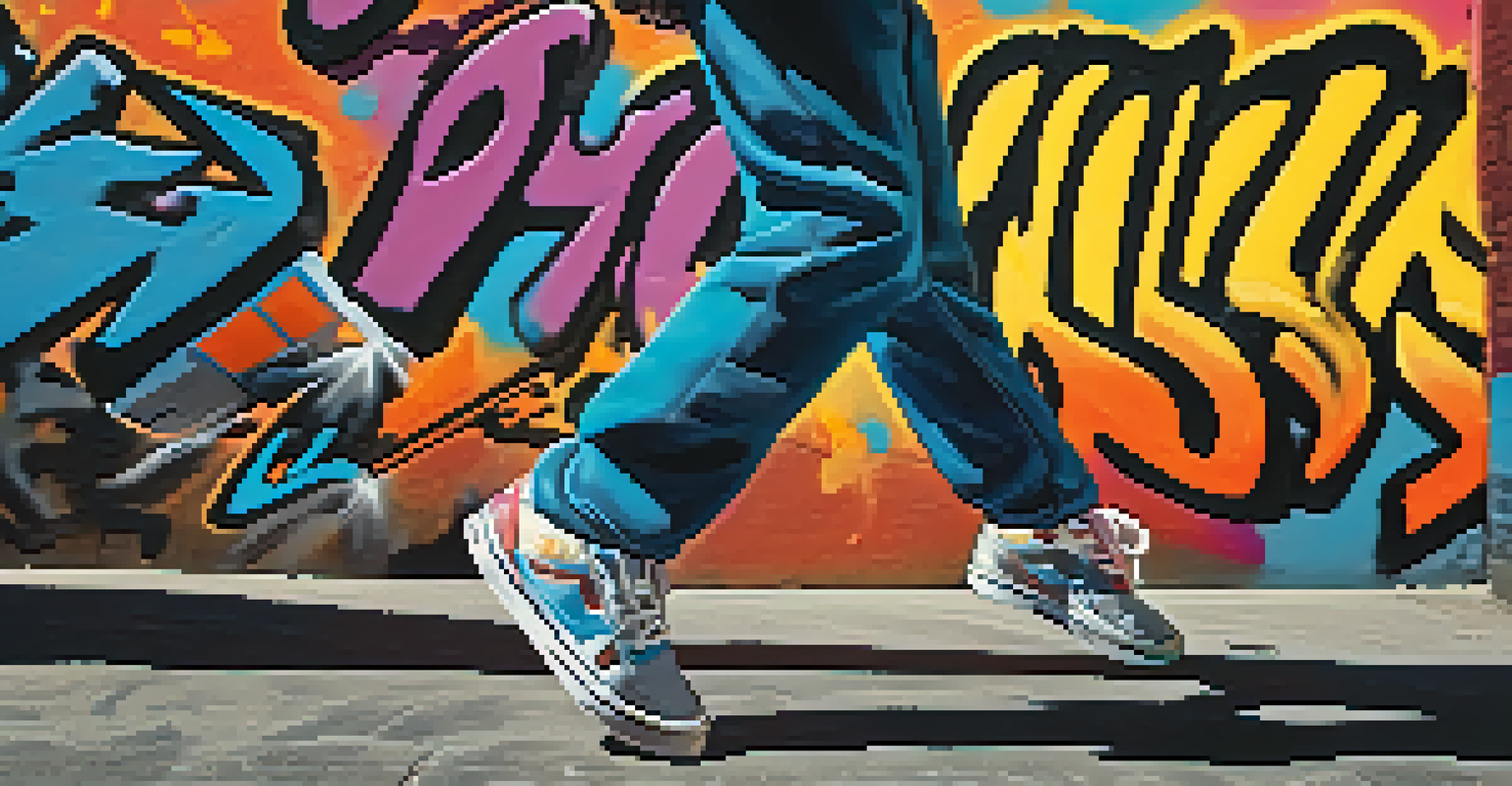 A dancer's feet in colorful sneakers performing hip-hop moves on a graffiti-covered street.