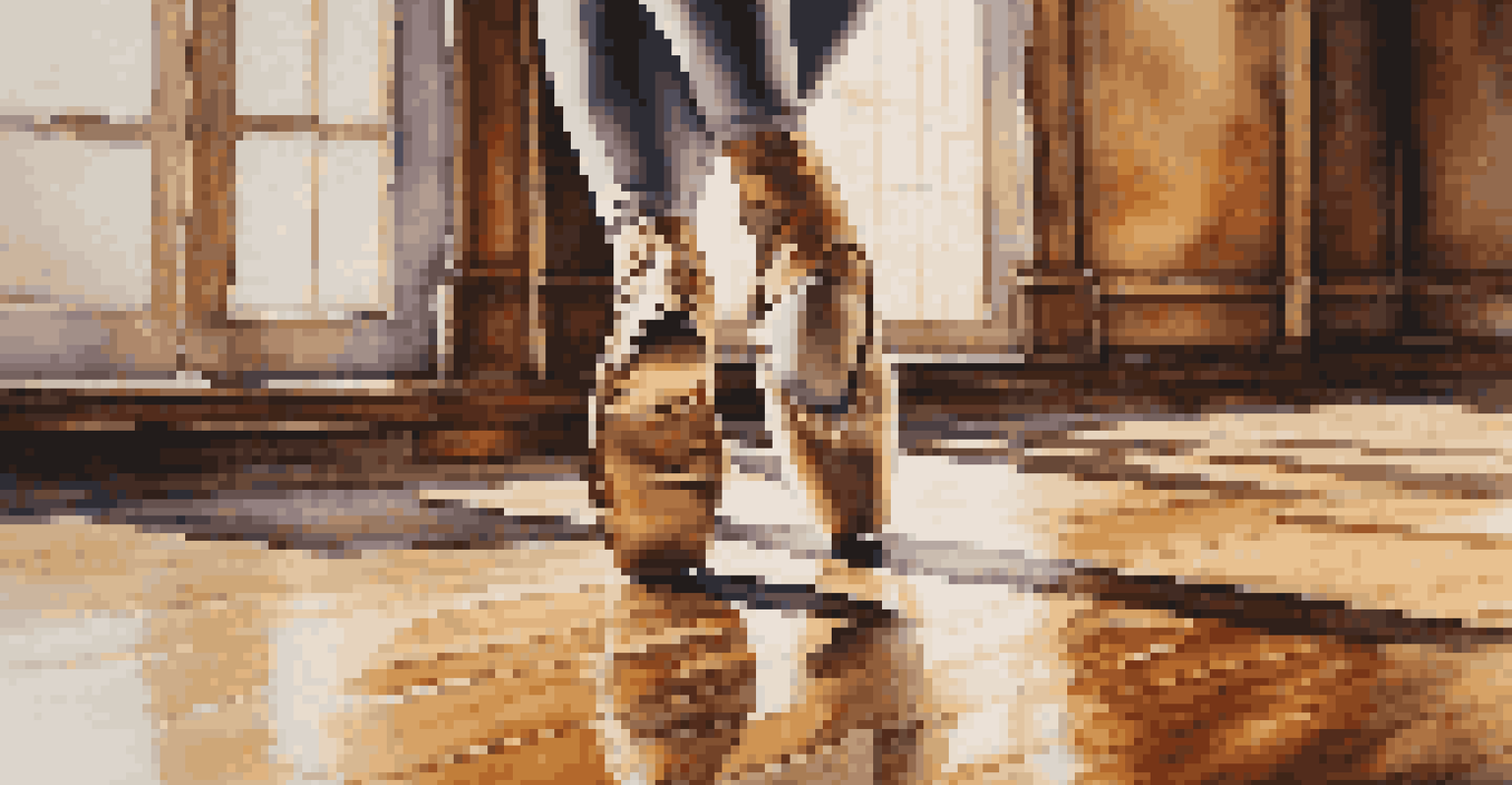 A close-up of a dancer's feet executing a dance move on a polished wooden floor, with focus on shoe details and reflections.