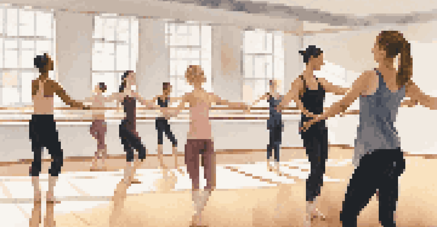A dance instructor encouraging a young dancer in a bright studio, with students observing.