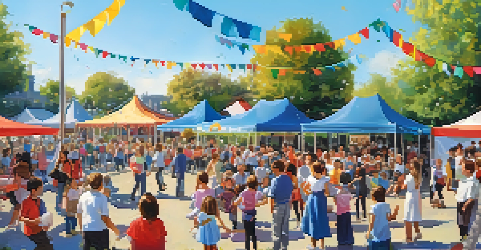 A festive community event in a park celebrating dance education, featuring children performing on stage and families enjoying the atmosphere.