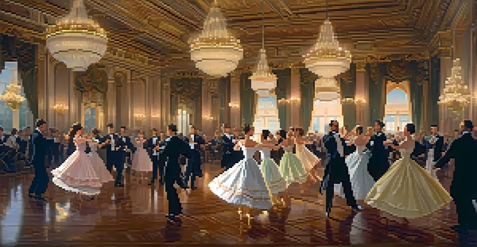A vibrant Victorian ballroom with elegantly dressed couples dancing the waltz under ornate chandeliers.
