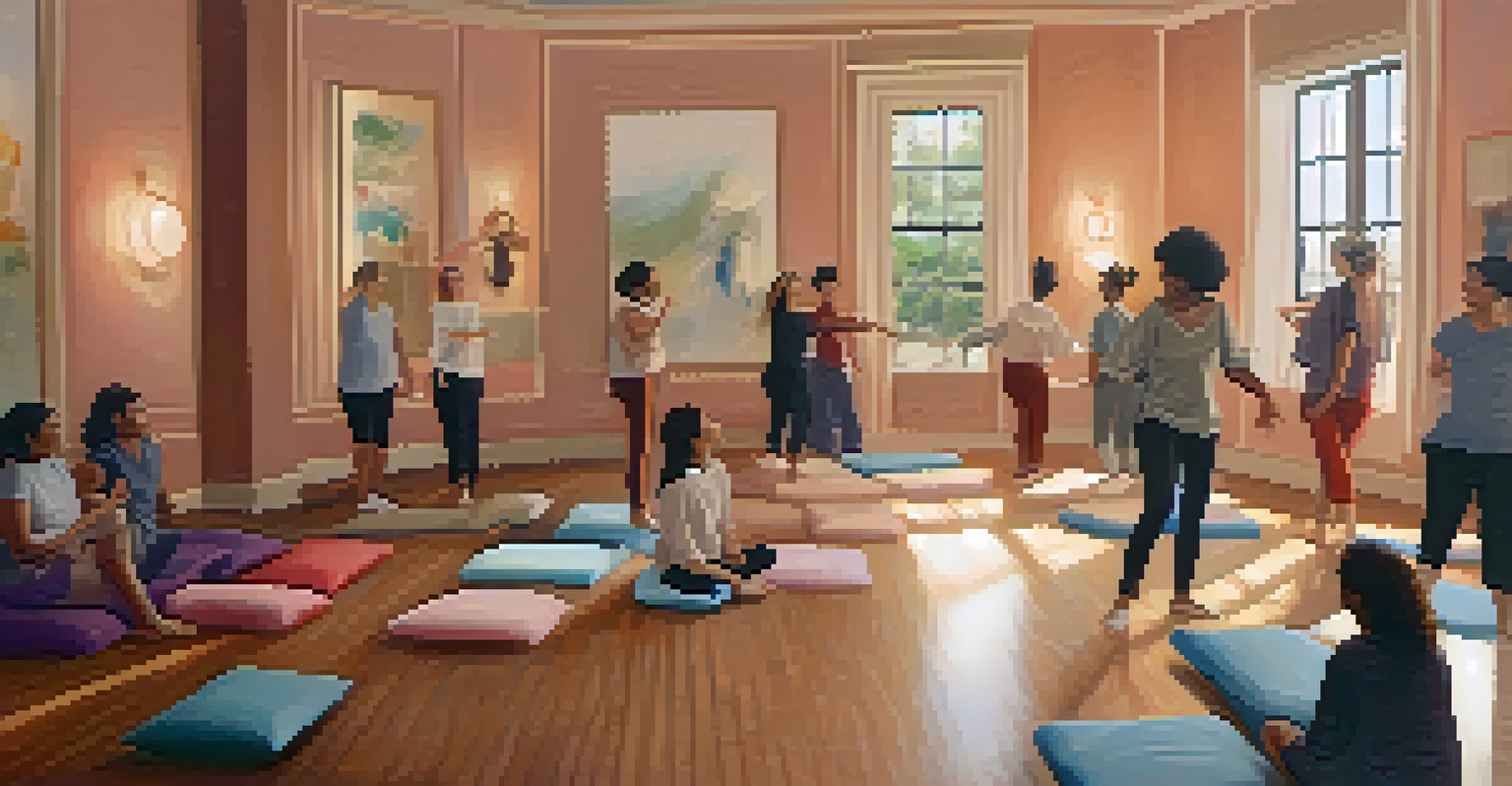 Participants in a dance therapy session engage in gentle movements in a softly lit room with cushions.
