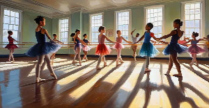 A dance class with diverse students practicing ballet in a sunlit studio with mirrors and wooden floors.