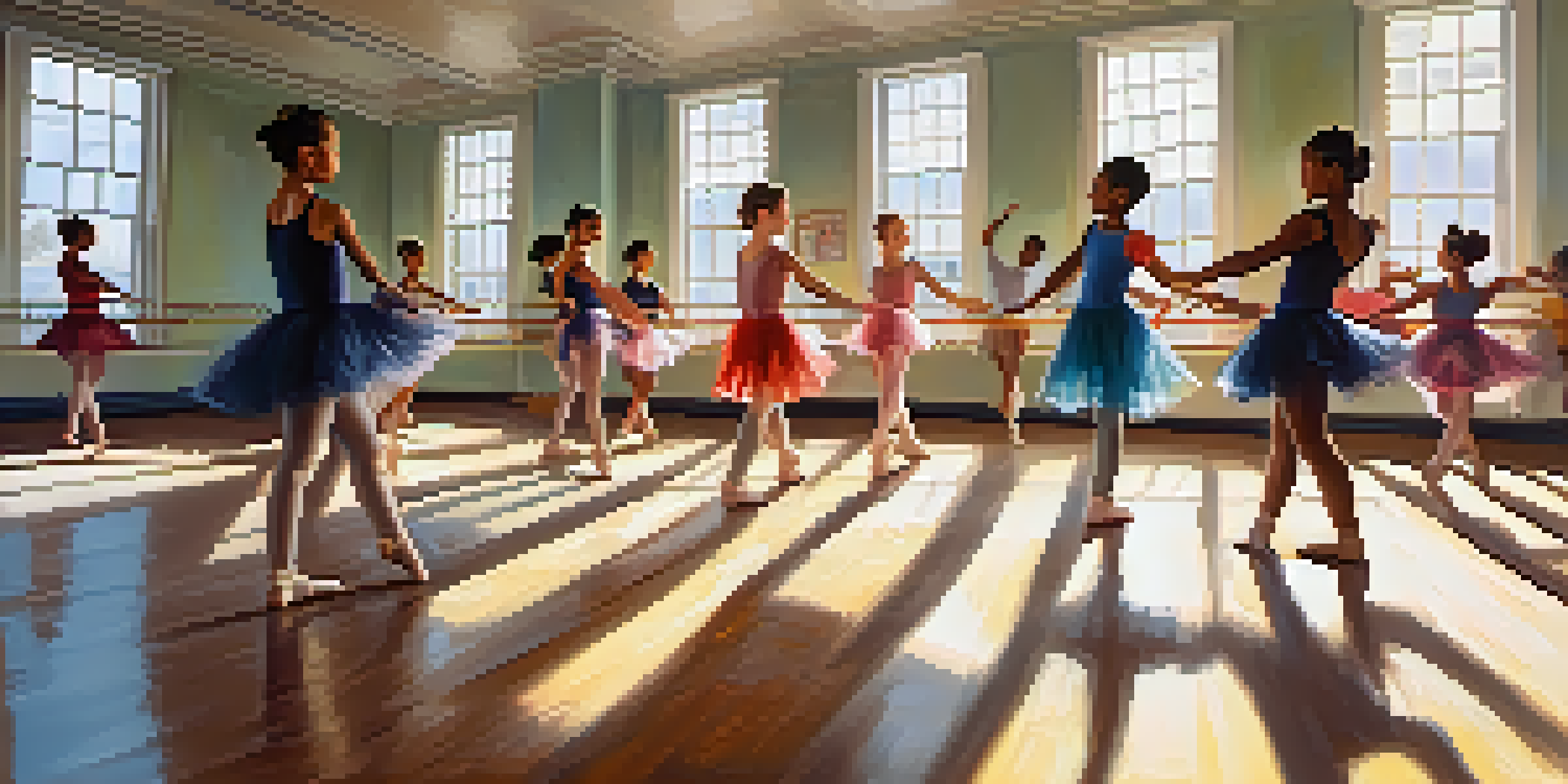 A dance class with diverse students practicing ballet in a sunlit studio with mirrors and wooden floors.