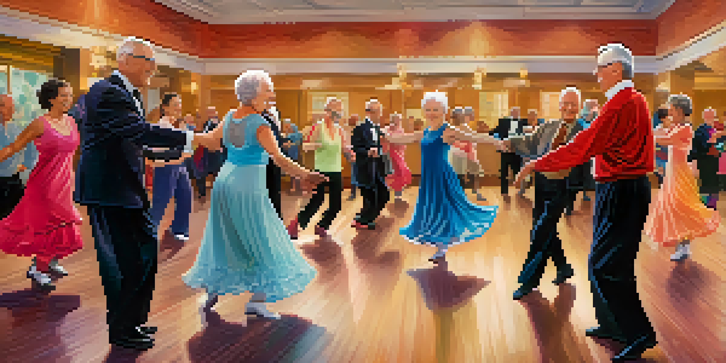 A lively ballroom dance class with seniors smiling and dancing together in a decorated room.